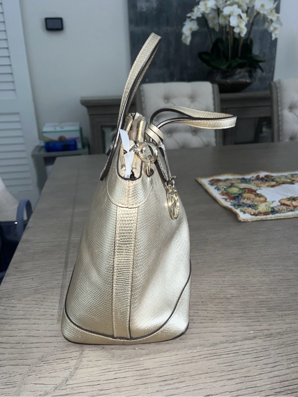 Henri Bendel West 57th Lizard-Embossed Metallic Gold Satchel - Picture 3 of 5